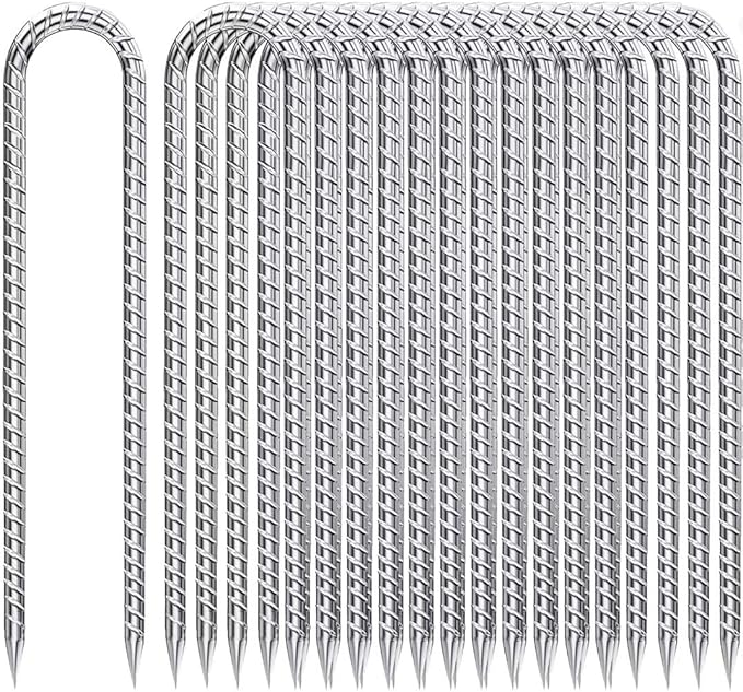 Ground-Stakes-Heavy-Duty-12-Inch, J Hook Rebar Stakes Galvanized Anti-Rust 16pcs Metal Stakes for Ground Heavy Duty Ground Anchors for Garden Dog Fence Chicken Coop Deer Fence