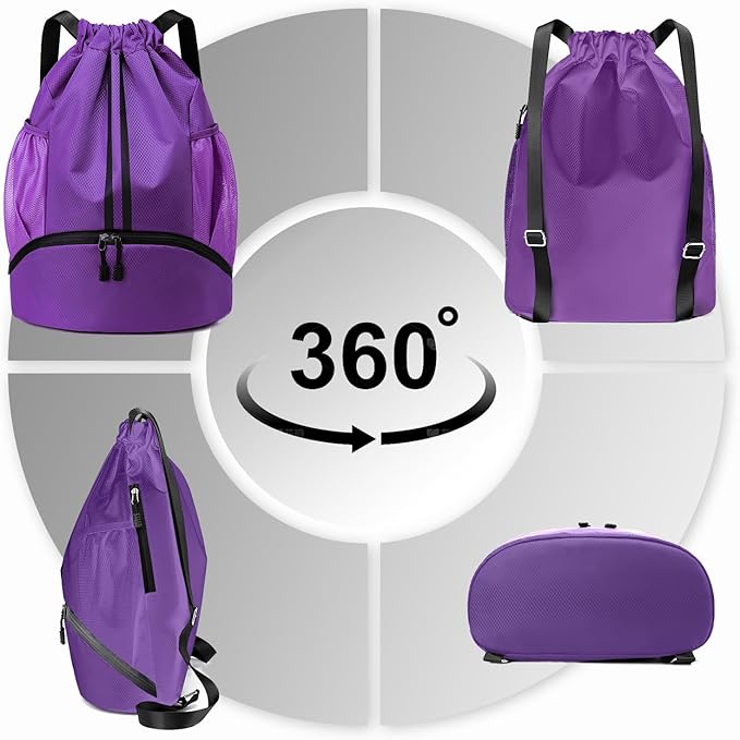 Hoedia Sports Drawstring Backpack - String Swim Gym Bag with Shoes Compartment and Wet Proof Pocket for Women/Men (Purple)