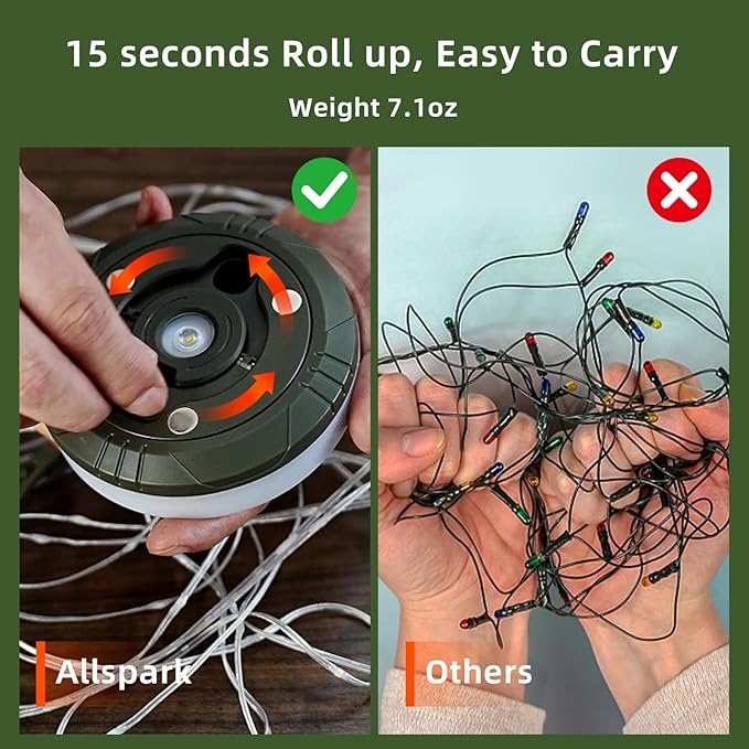 Allspark Camping String Lights, 4 in 1 Quick Storage 32.8FT Rechargeable Waterproof LED Hanging Light with 8 Lighting Modes, Hanging Portable LED Lamp for Outdoor Patio Awning Garden Party Essential