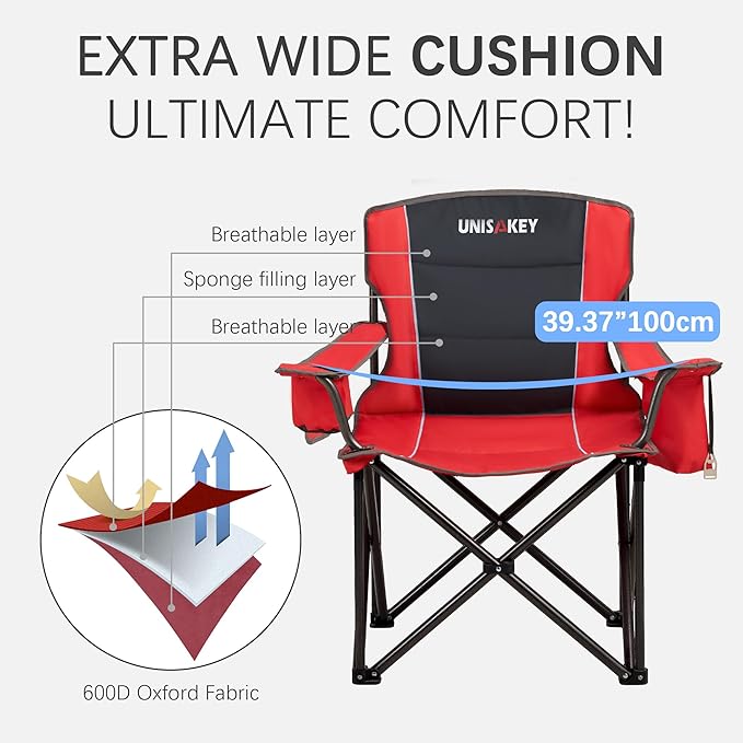 Oversized Folding Camping Chair for Adults - 450lbs Support - Heavy Duty Portable Lawn Chairs with Side Pocket Cup Holder Cooler Bag for Sports Garden Beach Fishing, Red