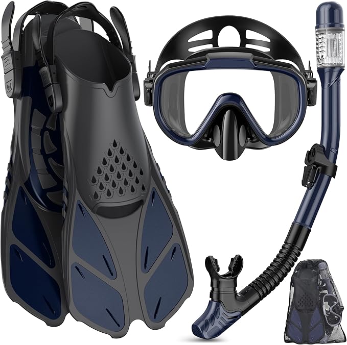 Snorkeling Gear for Adults Men Women,4 in 1 Snorkel Set with Panoramic View Diving Mask Anti-Fog Anti-Leak,Dry Top Snorkel,Fins and Travel Bag for Swimming,Snorkeling and Travel Diving