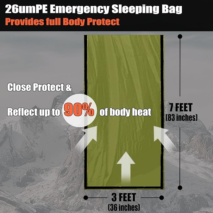 Frelaxy Emergency Sleeping Bag 1-Pack/2-Pack, Extra-Thick Compact Survival Bivy with Whistle, Storage Pouch, and EVA case, Perfect for Survival Kits (Army Green - 1 Pack)