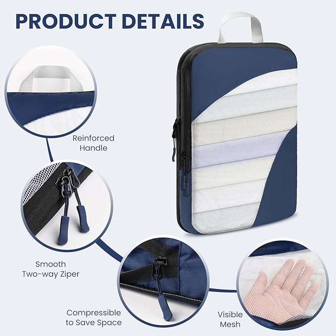 10 Set Compression Packing Cubes, Lightweight Travel Essentials, Stretchable Expandable Storage Bags, Compression Bags for Travel Accessories Luggage Storage Set (10 Pcs, Navy Blue)