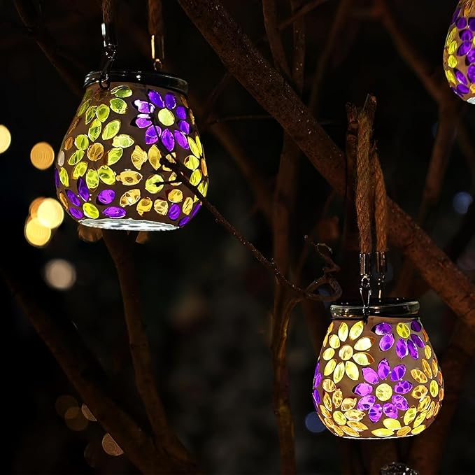 Cooo 4 Pack Mosaic Solar Lantern Outdoor Waterproof IP68 Hanging Projection Light Hidden Lid Pear-Shaped Lantern with Rope Handle Solar Powered Auto On for Patio Garden Fence Table -Petal Mirage