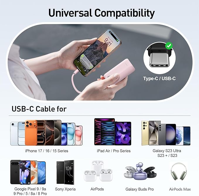 iWALK Mini Portable Charger 10,000mAh, 22.5W USB-C Fast Charging Power Bank with Built-in Cable, Travel Essential Ultra-Small Battery Pack Compatible for iPhone 17/16/16 Pro/15, Samsung, Google, Pink