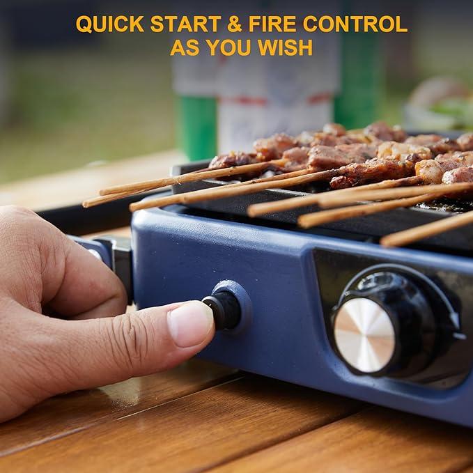 Upgraded WINKIZA 2 Burner Propane Camping Stove with Grill, Foldable Camp Stove with 16,000 BTU, Two Adjustable Burners with Piezo Ignition & Easy Carrying Handle, Portable Stove for Camping, BBQ