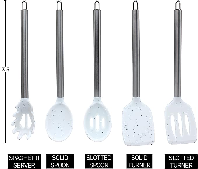COOK WITH COLOR Silicone Cooking Utensils, Kitchen Utensil Set, Easy to Clean Silicone Kitchen Utensils, Cooking Utensils for Nonstick Cookware, Kitchen Gadgets Set, 5 Pieces, Speckled White