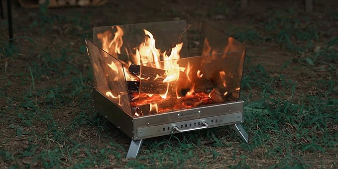 Outdoor Wood Burning Fire Pit Table with Glass Wind Guard and Portable Stainless Steel Wood Stove for Camping Hot Tent Shelter, Patio Backyard Garden Deck Camping