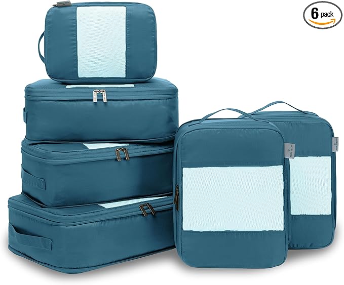 6-Pack Compression Packing Cubes Travel Essentials - Lightweight, Water-Resistant Luggage Organizer Bags with Handles, Durable Travel Accessories Suitcase Organizer (Teal)