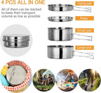 Lixada Camping Cookware Set, 4PCS Portable Stainless Steel Camp Cook Set, Lightweight Stackable Camping Pots and Pans Plate Set Camping Gear for Outdoor Backpacking Camping Hiking Picnic