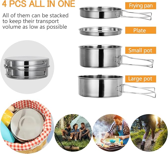Lixada Camping Cookware Set, 4PCS Portable Stainless Steel Camp Cook Set, Lightweight Stackable Camping Pots and Pans Plate Set Camping Gear for Outdoor Backpacking Camping Hiking Picnic