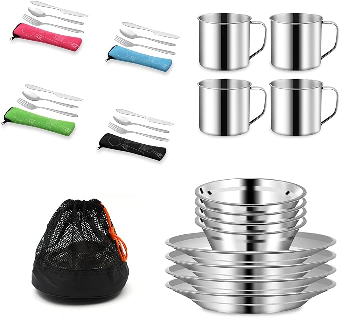 29pcs Stainless Steel Utensils Camping Tableware Kit with Bowls Plates Cups Forks Spoons and Knives for 4, Reusable Camping Flatware