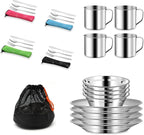 29pcs Stainless Steel Utensils Camping Tableware Kit with Bowls Plates Cups Forks Spoons and Knives for 4, Reusable Camping Flatware