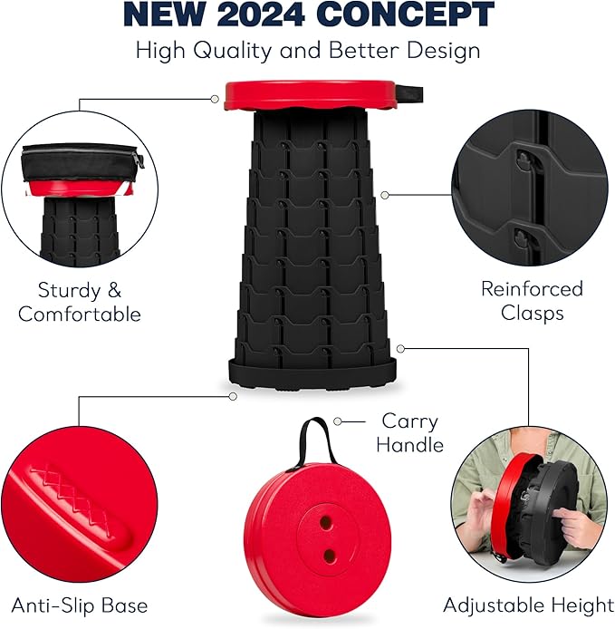 Collapsible Stool with Cushioned Carry Case, 400lbs Max Weight, Lightweight Portable Retractable Foldable Telescoping Camping Stool for Adults Outdoor Fishing Hiking Travel BBQ
