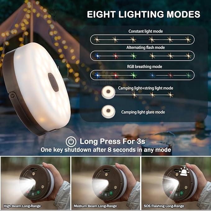 2-Pack Camping String Lights with Remote Control, 4 in 1 Outdoor Camping Lantern (32.8Ft) with Quick 30s Recovery, Waterproof, Type-C Fast Charging, Portable Camping Lights for Camping/Yard/Hiking