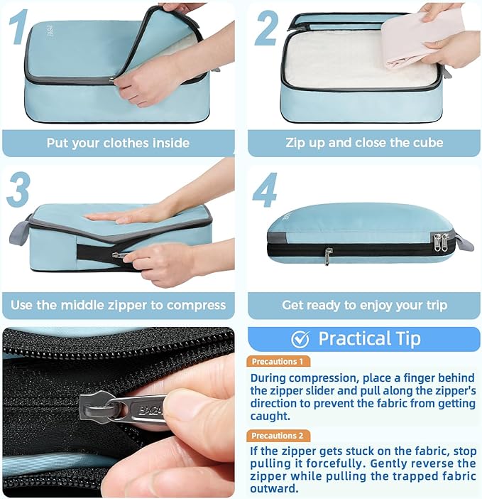 BAGAIL 4 Set/6 Set/8 Set Compression Packing Cubes Travel Accessories Expandable Packing Organizers (Cloth Pattern, 4-Dusty Blue)