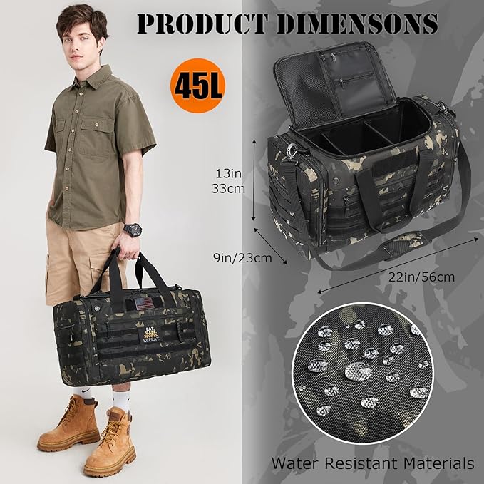 45L Gym Bag for Men & Women, Tactical Military Duffle Bag for Travel Weekender Gym Workout Deployment， Large Sports Bag for Hockey Football Baseball Soccer Basketball & Team training