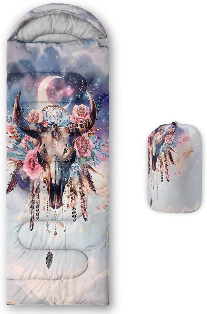 AILONEN Pink Lovely Rabbit Sleeping Bag for Girls Kids Adults,Warm and Cool Weather,Lightweight,Waterproof Backpacking,Cartoon Flowers Printed Bunny Sleeping Bag for Camping