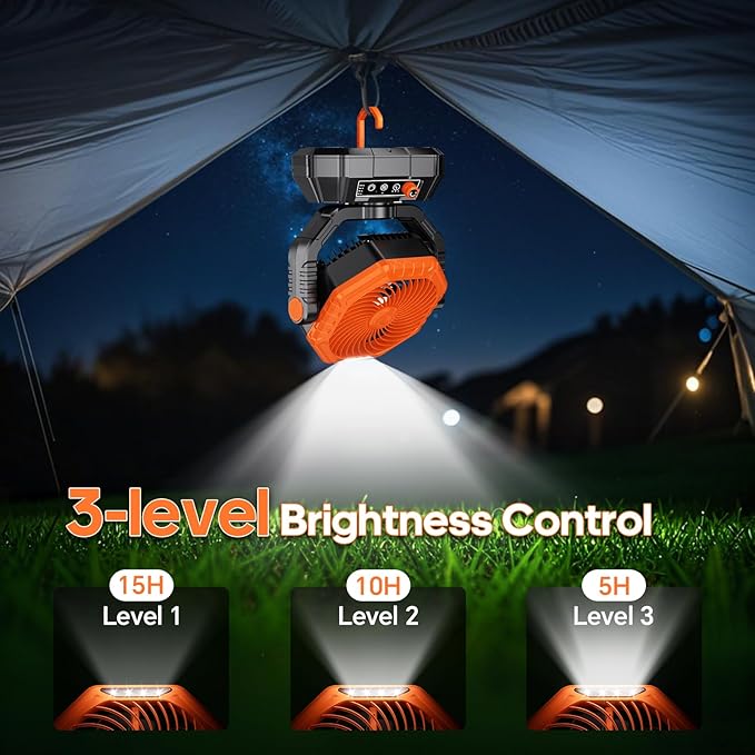 AJVV Camping Fan Rechargeable, Battery Powered Fan With Remote Controller, LED Light, Dual Motors, Stepless Speed, 45°/90°/270° Swing,Timer, Portable fan For Travel Tent Bedroom Beach Fishing, Orange