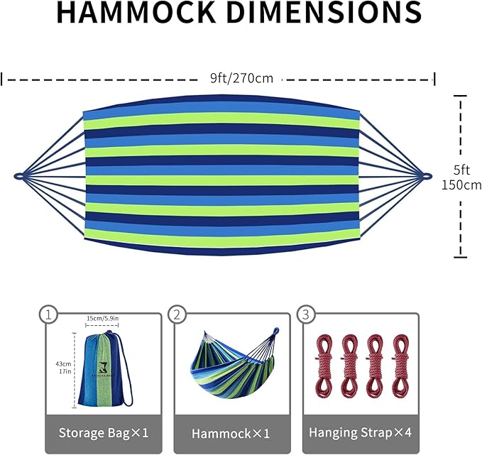 Camping Hammock Comfortable Fabric Hammocks with Tree Straps for Travel Patio Garden, Hanging Sturdy Indoor/Outdoor Hammock Up to 660lbs Portable Hammocks with Travel Bag