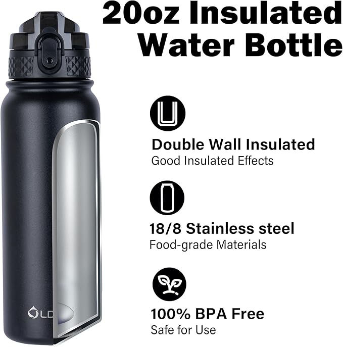 Oldley Insulated Water Bottle 20oz Water Bottles with Straw, Stainless Steel Water Bottle with 3 Lids, Double Wall Vacuum Bottles for Adult Kids, Sports Bottles for School Travel, Black