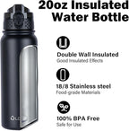 Oldley Insulated Water Bottle 20oz Water Bottles with Straw, Stainless Steel Water Bottle with 3 Lids, Double Wall Vacuum Bottles for Adult Kids, Sports Bottles for School Travel, Black