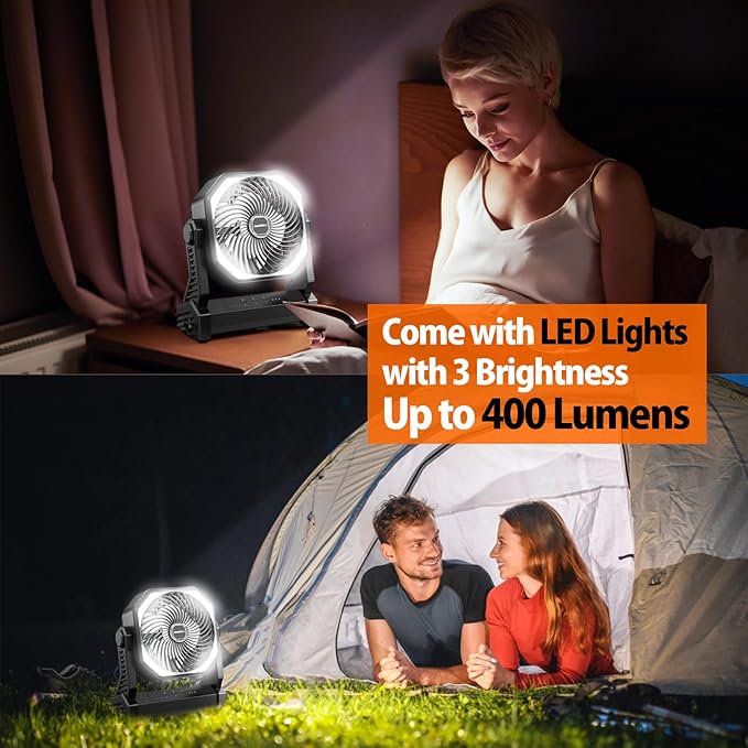 20000mAh Camping Fan, Rechargeable Battery Operated with 360° Rotatable Hook, 400 Lumes Light, 270° Pivot, 4 Speeds, 58Hrs Battery Powered Fan for Outdoor Tent Car Trip BBQ Hurricane Power Outages