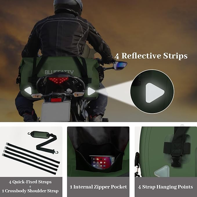 Waterproof Motorcycle Duffel Bag Roll Top Dry Duffel Bag with Quick-fixed Straps for Rafting, Boating, Kayaking, Travel, 50L(Army Green)