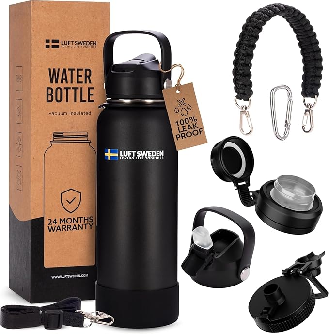 LUFT SWEDEN 32 oz Insulated Stainless Steel Water Bottle – Leakproof, BPA-Free, Reusable Gym Bottle with Straw Lid | Dishwasher Safe, Double Wall Water Bottle for Cold Drinks – Matte Black
