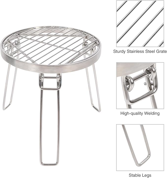 Lineslife Folding Campfire Tripod for Cooking, Portable Camping Tripod Stand with Grill Grate for Solo Stove Bonfire Fire Pit, Dutch Oven, Open Fire, Stainless Steel