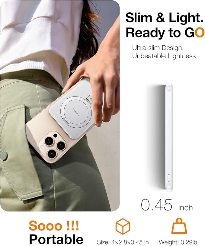 TORRAS EasyGo 0.45" Slim Magnetic Portable Charger Power Bank for iPhone, 5000mAh 22.5W PD Fast Charging Wireless Battery Pack Compatible with Magsafe, iPhone Air,Pro,Pro Max,17,16,15,14,13,12, White