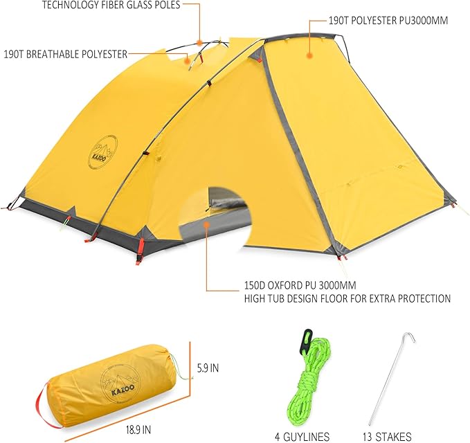 KAZOO 2／4 Person Camping Tent Outdoor Waterproof Family Large Tents 2/4 People Easy Setup Tent with Porch Double Layer