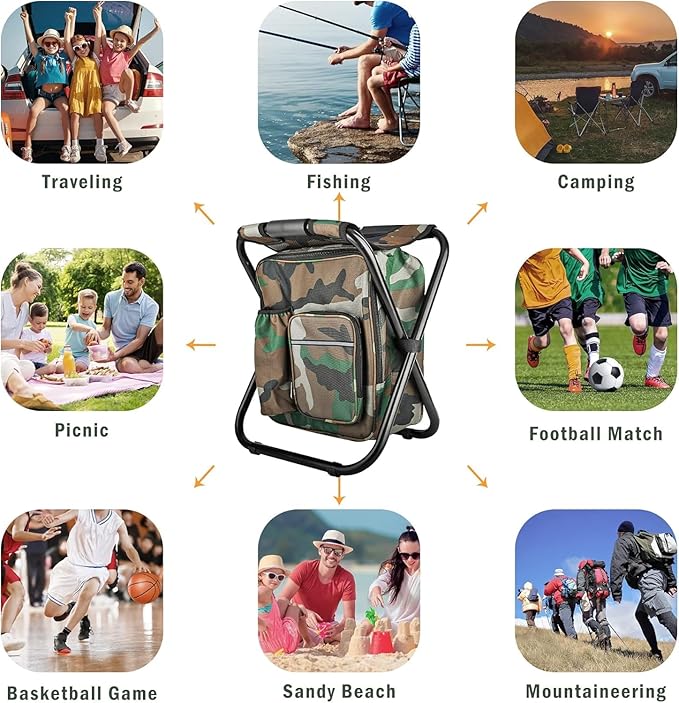 Kikerike Folding Stool Backpack Insulated Cooler Bag, Collapsible Camping Hunting Fishing Multifunction Chair with Front Pocket and Bottle Pocket for Outdoor Events, Hiking, Travel, Beach