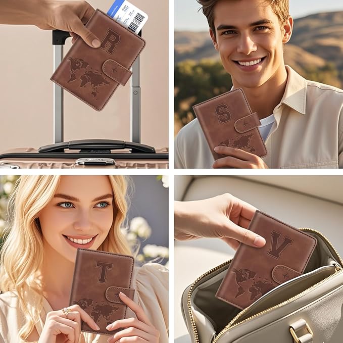 Passport Holder Wallet Cover Personalized Letter A-Z Travel Wallet RFID Blocking Passport Cover Wallet Case for Travel Passport Book Holders for Women and Men, Brown-W