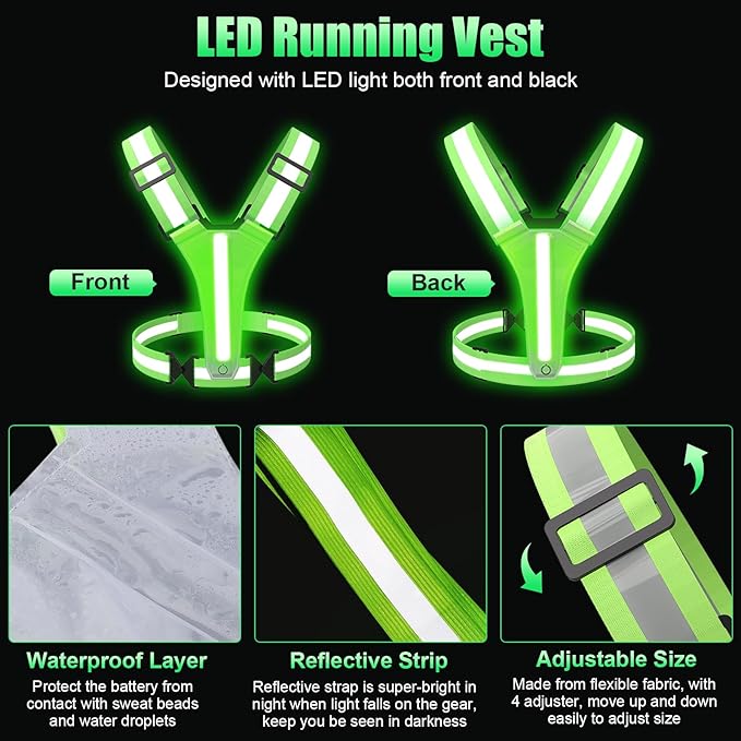 LED Reflective Vest Running Gear, 5 Colors Lights Up Running Vest for Night Walking Cycling Jogging, Adjustable Size for Men Women Kids, Rechargeable and High Visible