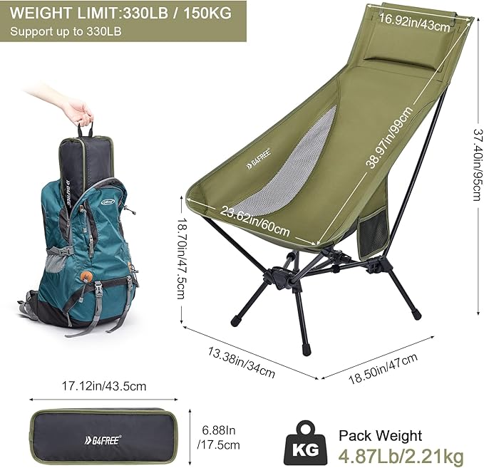 G4Free Folding Lightweight Camp Chair High Back Camping Chair Backpacking Chair Heavy Duty 330lbs with Headrest Pocket Green