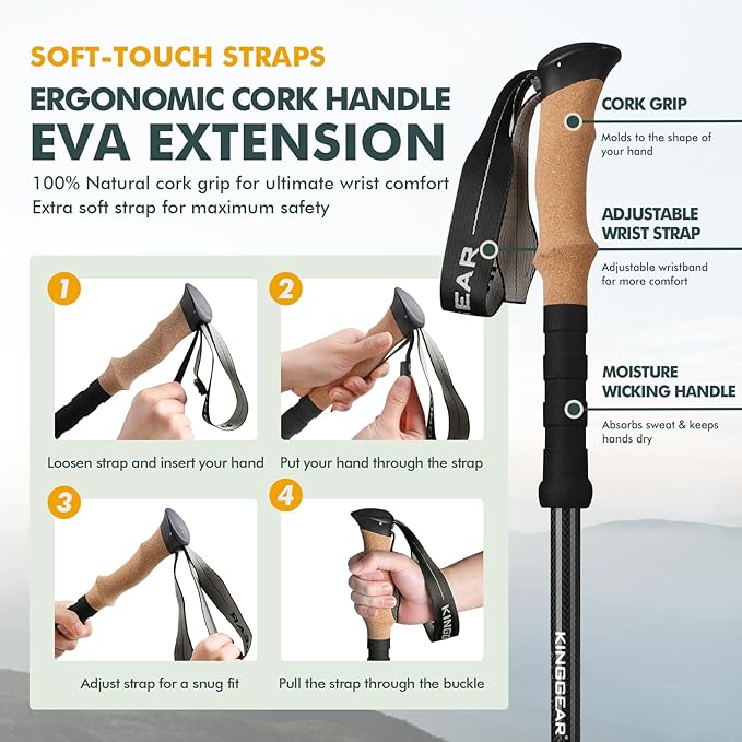 KINGGEAR TPC-3K 100% Carbon Fiber Trekking Poles for Hiking - Ultralight Collapsible Hiking Poles with Cork & EVA Foam Grips, Adjustable Metal Flip Locks, Tungsten Tips - Ideal Hiking