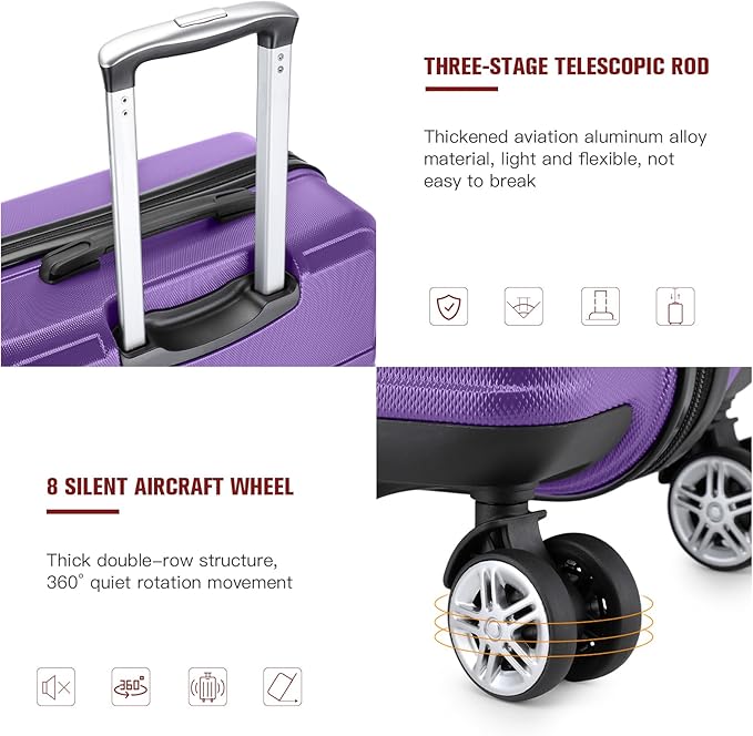 Kono 20'' Carry on Luggage Lightweight with Spinner Wheel TSA Lock Hardside Luggage Durable Small Carry on Suitcase Purple
