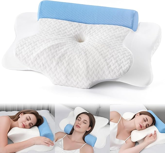 Cervical Pillow with Removable Neck Roll 2-in-1,Orthopedic Memory Foam Pillow for Side, Back & Stomach Sleepers, Ergonomic Traction Support for Neck Shoulder Back Pain Relief, Sleeping Comfort