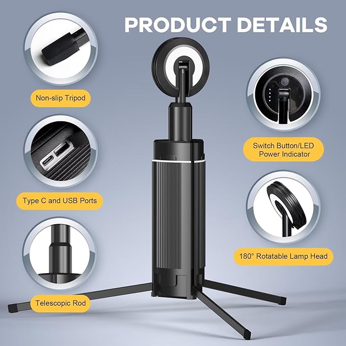 BIAT Telescopic Camping Light 1PCS, Camping Lantern Rechargeable, Led Work Light with Stand Battery Powered 10800mah, Portable Camping Lamp and Flashlight, Camping Lights for Hiking, Camping, Fishing