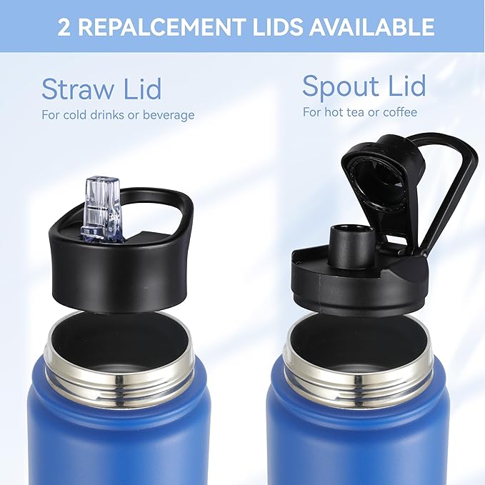 HASLE OUTFITTERS Insulated Water Bottle 22 oz Double Wall Stainless Steel Water Bottle Wide Mouth with Straw Lid & Spout Lid Keeps Cold or Hot(Royal Blue,1)