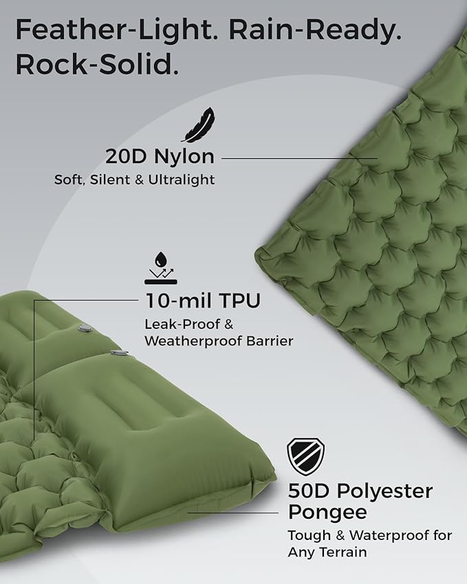 KingCamp Sleeping Pad for Camping, Ultralight Connectable Inflatable Sleeping Pad Camping Mattress with 6.3" Built-in Pillow & Foot Pump for Backpacking Hiking Tent Cot