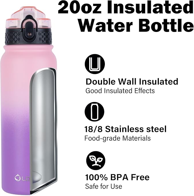OLDLEY Insulated Water Bottle 20oz Water Bottles with Straw, Stainless Steel Water Bottle with 3 Lids, Double Wall Vacuum Bottles for Adult Kids, Sports Bottles for School Travel, Ombre Pink-Purple