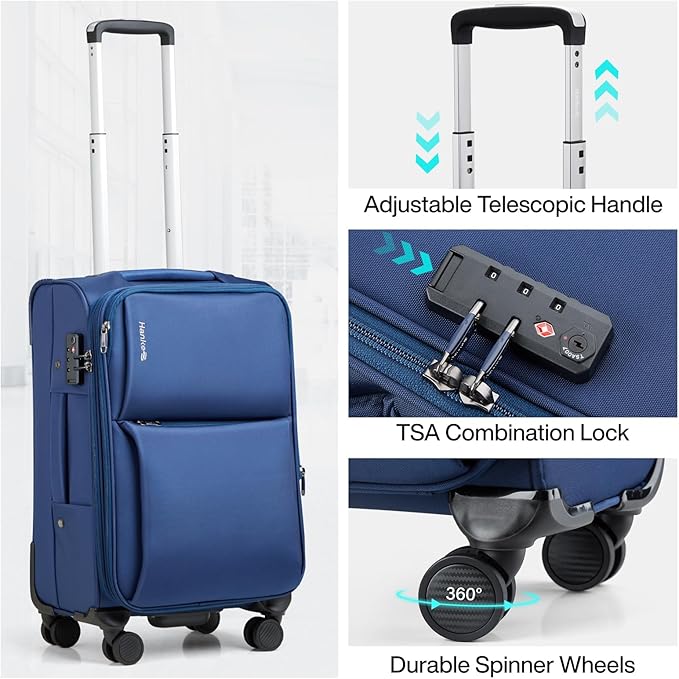 Hanke 3 Piece Luggage Sets Softside Expandable Carry On Luggage Set Travel Suitcase Sets with Spinner Wheels TSA Approved Luggage(Blue, 20in/24in/28in)