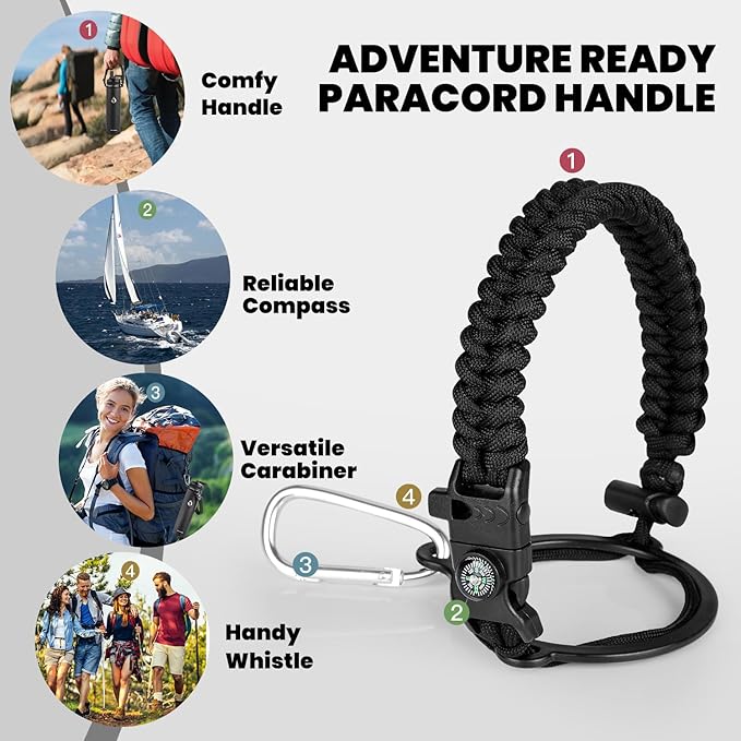 Insulated Water Bottle 24oz, Triple Wall Vacuum Stainless Steel (Cold for 48 Hrs, Hot for 24Hrs), Leak Proof & Non-BPA, 24oz Hydro Water Flask with Paracord Handle & Straw Spout Lids