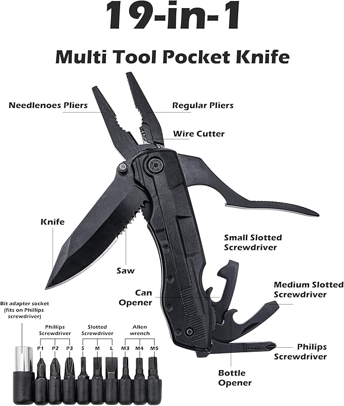 Rush Deer Pocket Knife - Folding EDC Multitool for Men, Small and Versatile Camping, Fishing, and Hiking Accessories Set (Matte Black)