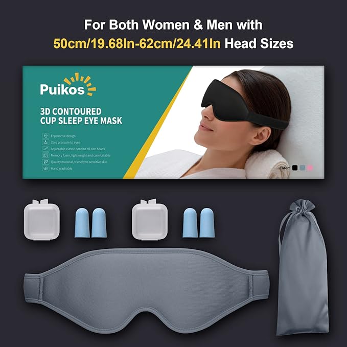 Puikos Eye Mask Sleeping Mask for Women Men Eye Covers for Sleeping Comfortable Adjustable Contoured Blackout Weighted Eyelash Extension Protector Sleep Mask Side Sleeper for Travel Yoga Nap (Gray)