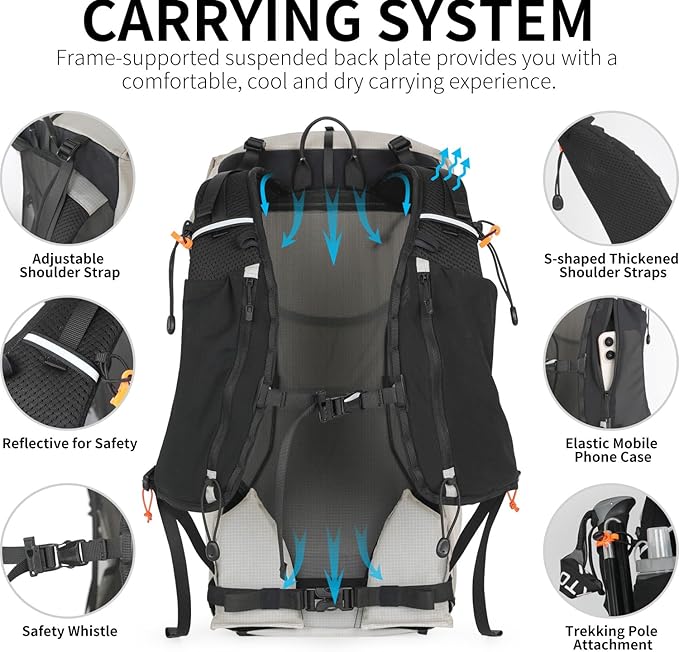 Hiking Backpack for Men and Women, 30L Waterproof Camping Backpack with 3L Water Bladder and Rain Cover, Lightweight Outdoor Sport Travel Daypack Rucksack for Climbing Cycling (Light gray)