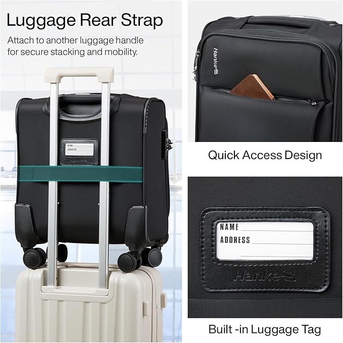 Hanke Underseat Carry On Luggage with Wheels, Spinner Small Suitcase, 16-Inch Rolling Under Seat Luggage, Softside Lightweight Carry On Bag for Airplane TSA Travel Personal Item, Black