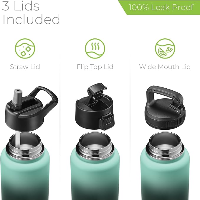 SipX™ Triple-Insulated Stainless Steel Water Bottle 40oz. With 3 Lids, BPA-Free Reusable Insulated Water Bottle Keeps Cold 24 Hours, Metal Water Bottle Made Of Sustainable Material For Hiking & Biking